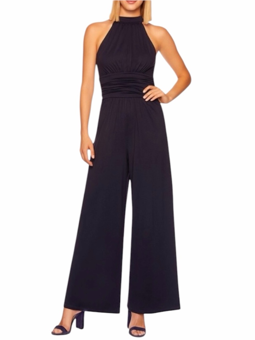 NWT MSRP $198 Susana Monaco Gathered Mock Neck Midnight Blue Jumpsuit Wide-Leg